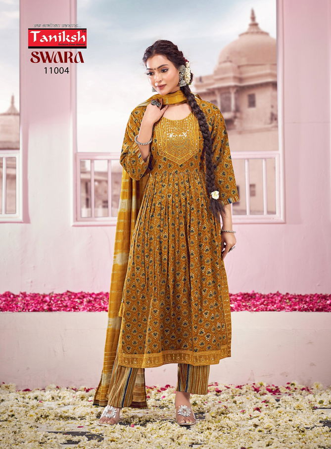 Swara Vol 11 By Taniksh Rayon Printed Embroidery Kurti With Bottom Dupatta Wholesale Price In Surat